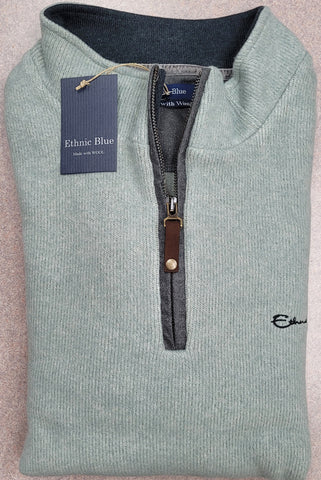 Ethnic Blue - Quarter Zip Mock Neck Pullover - Soft - Brushed Knit Wool Blend- 90120R