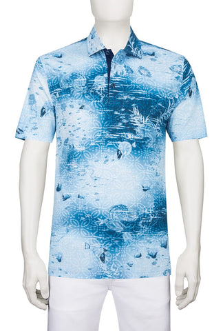 Tropical Ocean Print Golf Shirt with Fish pattern Bugatchi JF2534F21