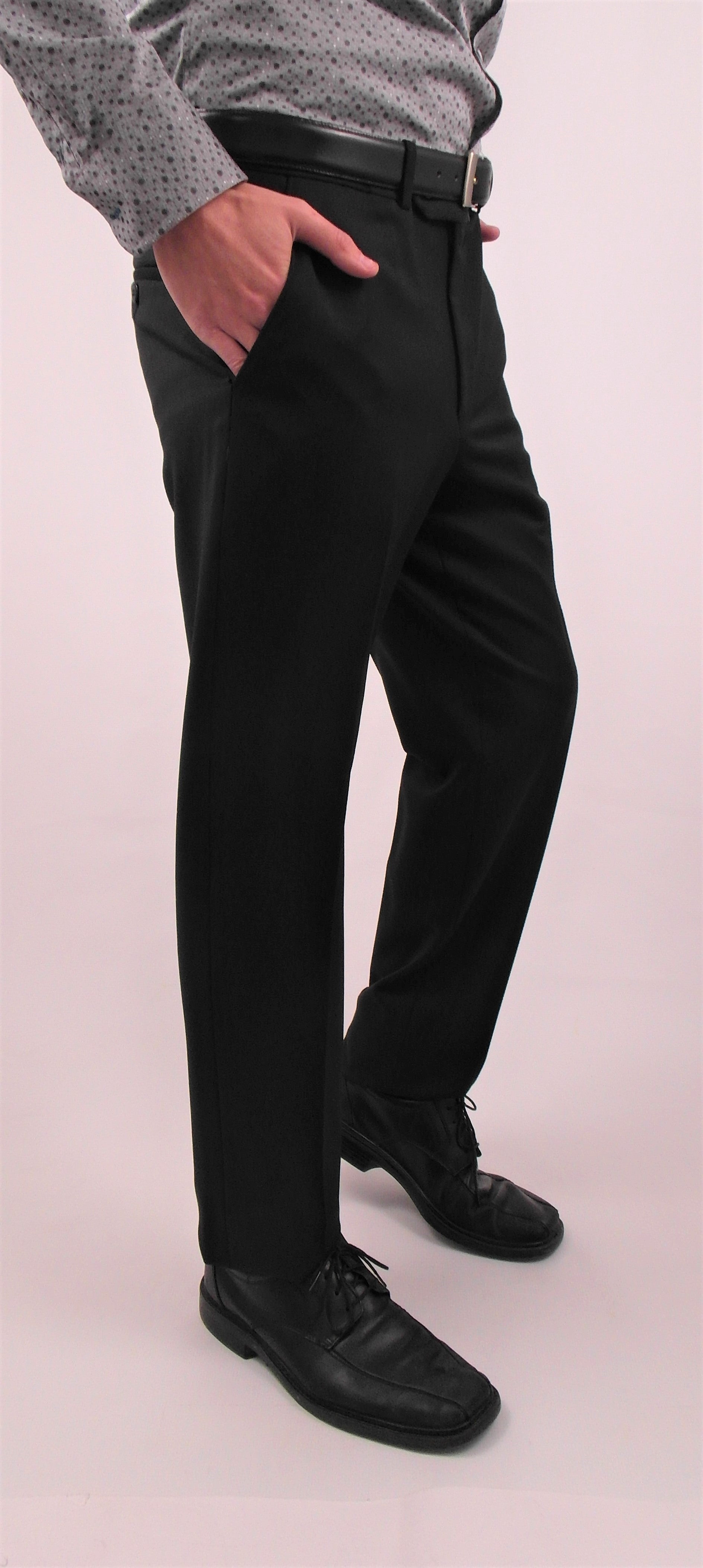 Sansabelt slim cut, flat front poly/wool pants with top pockets